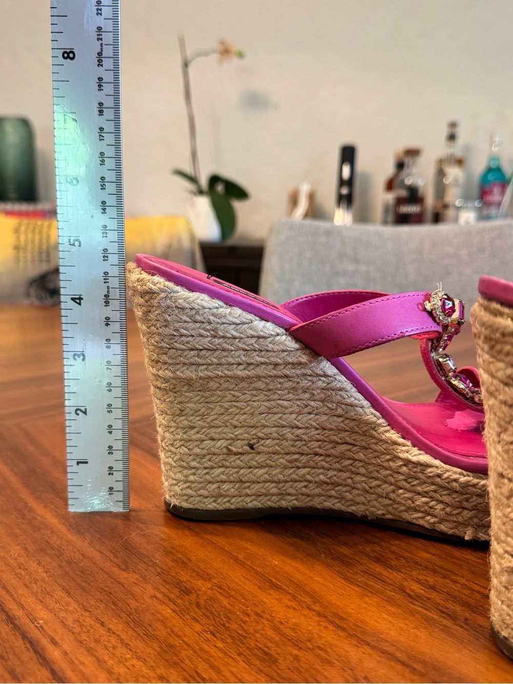 Arezzo Pink Leather Jeweled Espadrille Wedge Sandals Crystal Platform Size 9US - Picture 7 of 13